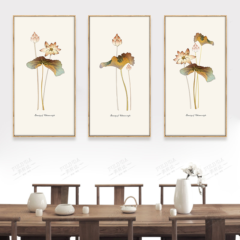 #国画荷花十字绣小幅花卉绣新款客厅线绣十字绣竖版三联画简约简|ru