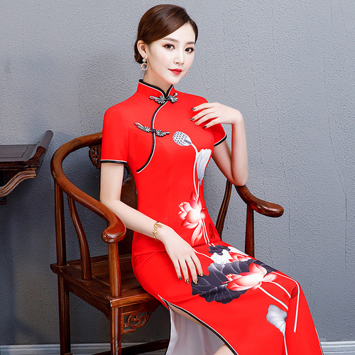 Cheongsam show show show show dress lengthened oversize red cheongsam skirt