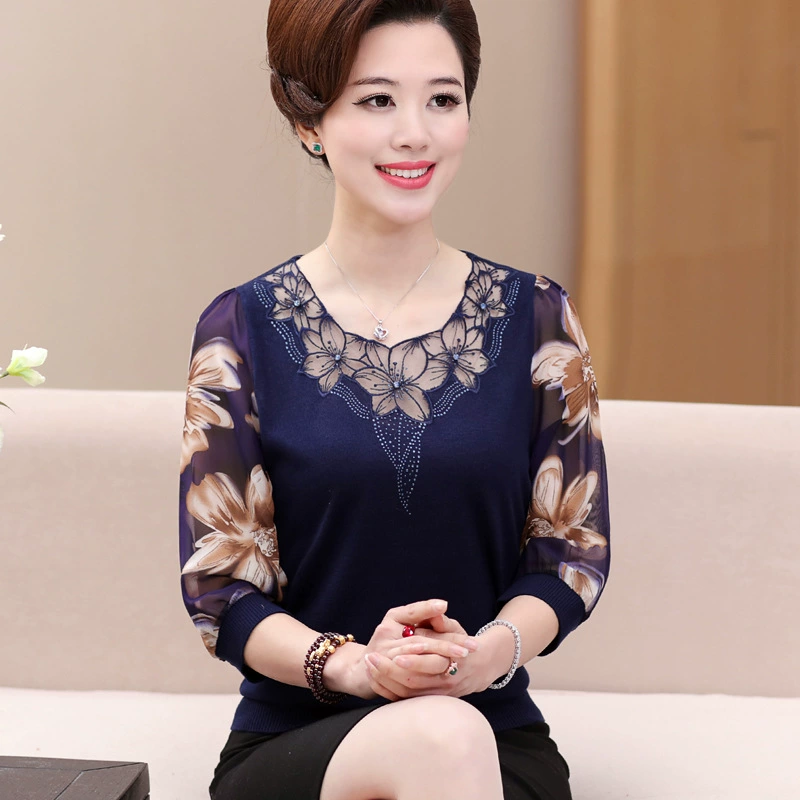 Весенняя Новинка для мамы, Топ для женщин среднего и пожилого возраста, весенне-осенняя футболка, трикотажная рубашка 40-50, рубашка для среднего возраста