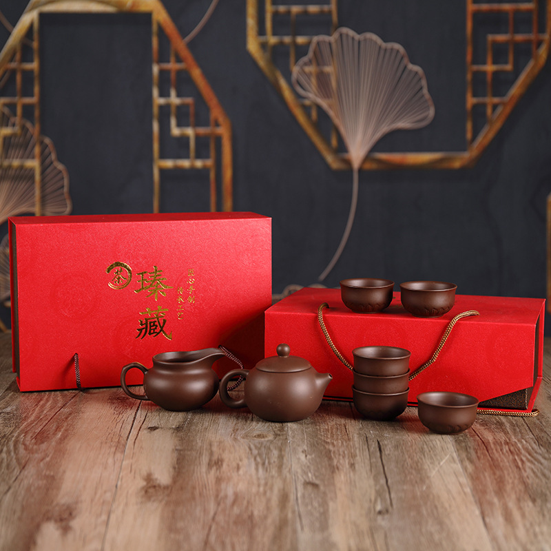 潮州紫砂茶具套装原矿紫砂壶两壶六杯功夫茶具礼品批发可定制LOGO|ms