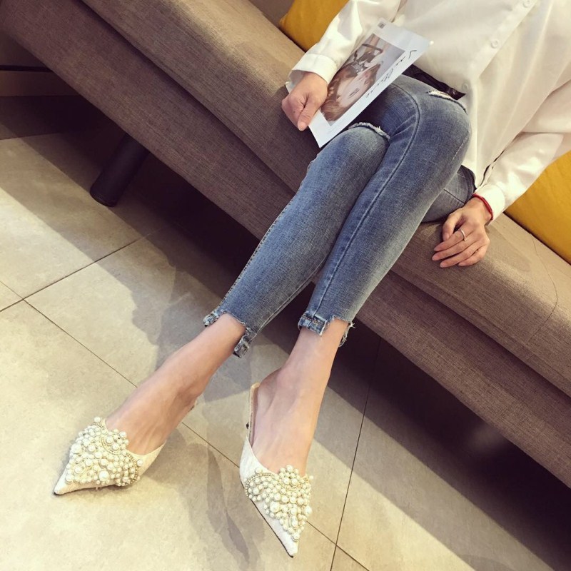 Korean Spring New Fashion All-match Women's Mid-heel Stiletto Beaded Rhinestone Sandals Wholesale Nihaojewelry display picture 15