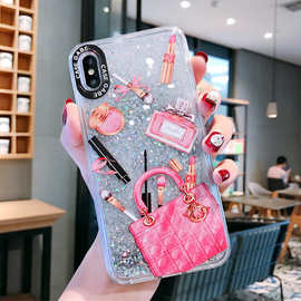 适用iphone14pro手机壳创意化妆品包包液体流沙新款苹果13保护套