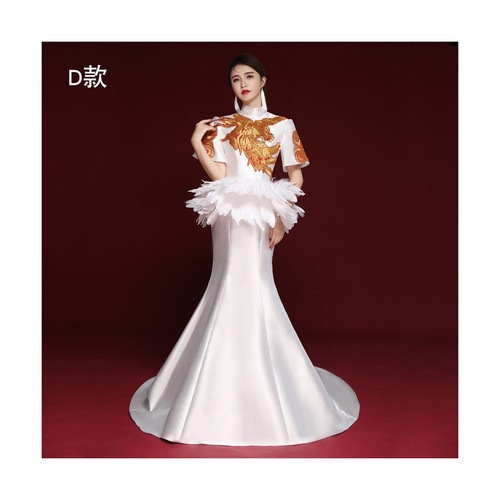 Women Chinese dresses qipao dresses White feather performance cheongsam dresses atmosphere stage performance exaggerated show cheongsam