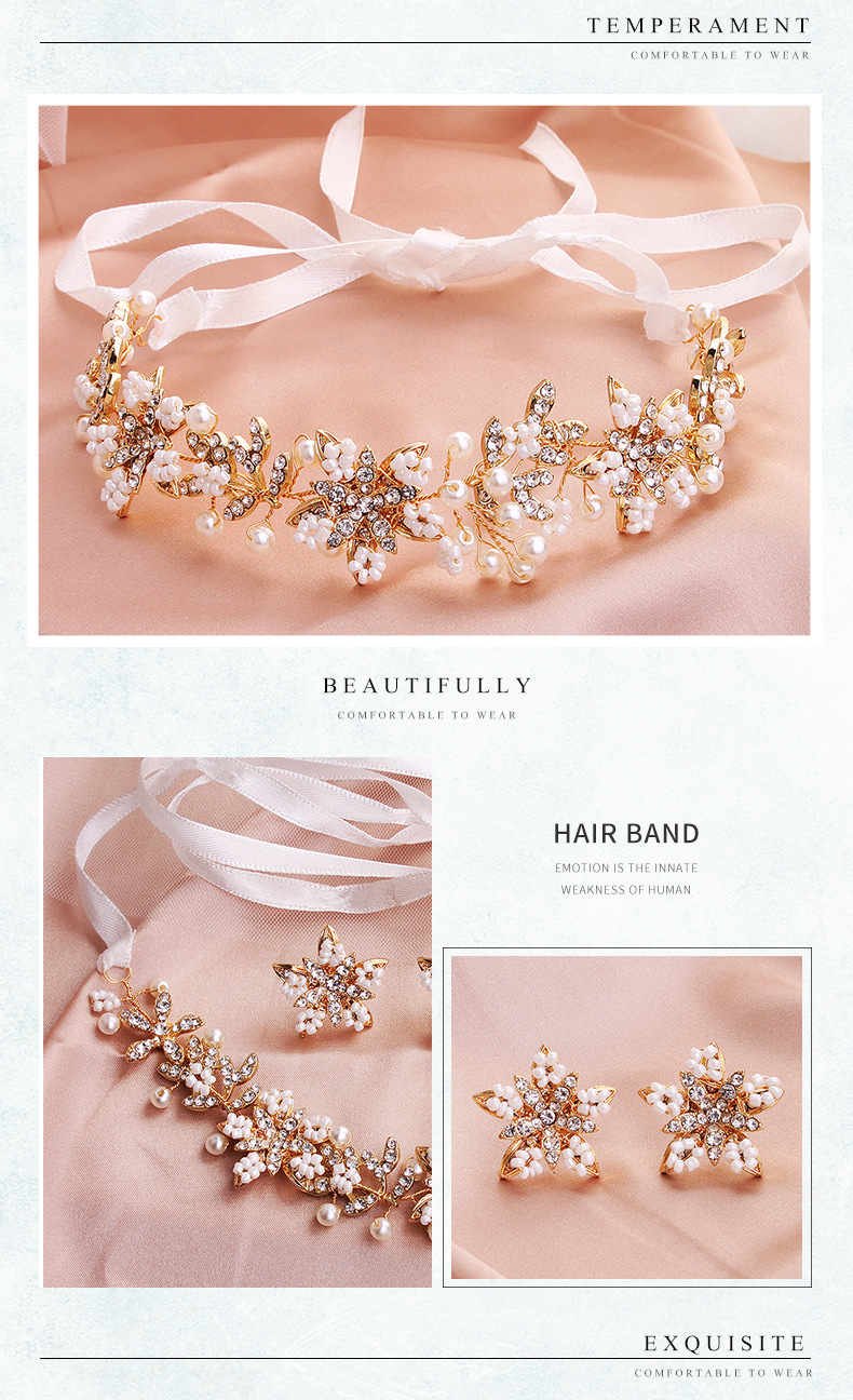 Mode Brautschmuck Legierung Perlen Blume Haarband Ohrring Set display picture 3
