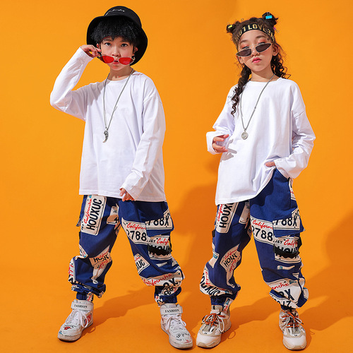 Children's jazz street hiphop rapper dance costumes boys hip-hop suits girls white with blue printed color loose dance practice clothes trendy clothes for boy girls