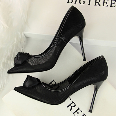 1853-2 Slender High-heeled Mesh Hollow Silk and Satin Rose Flower Single-shoe High-heeled Shoes in European and American Sexy Night Clubs