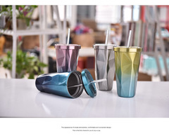 New gradient color cup, diamond-shaped thermos cup, stainless steel double-layer water cup with straw, advertising gift water cup