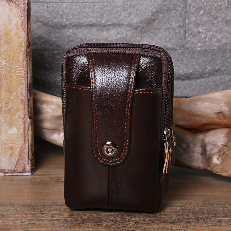 Three-Layer Vertical Bag Small Magnetic Buckle Waist Pack Leather Vertical Mobile Phone Bag Portable Men's Waist Pack Mobile Phone Storage Bag Small Hanging Bag Item Picture
