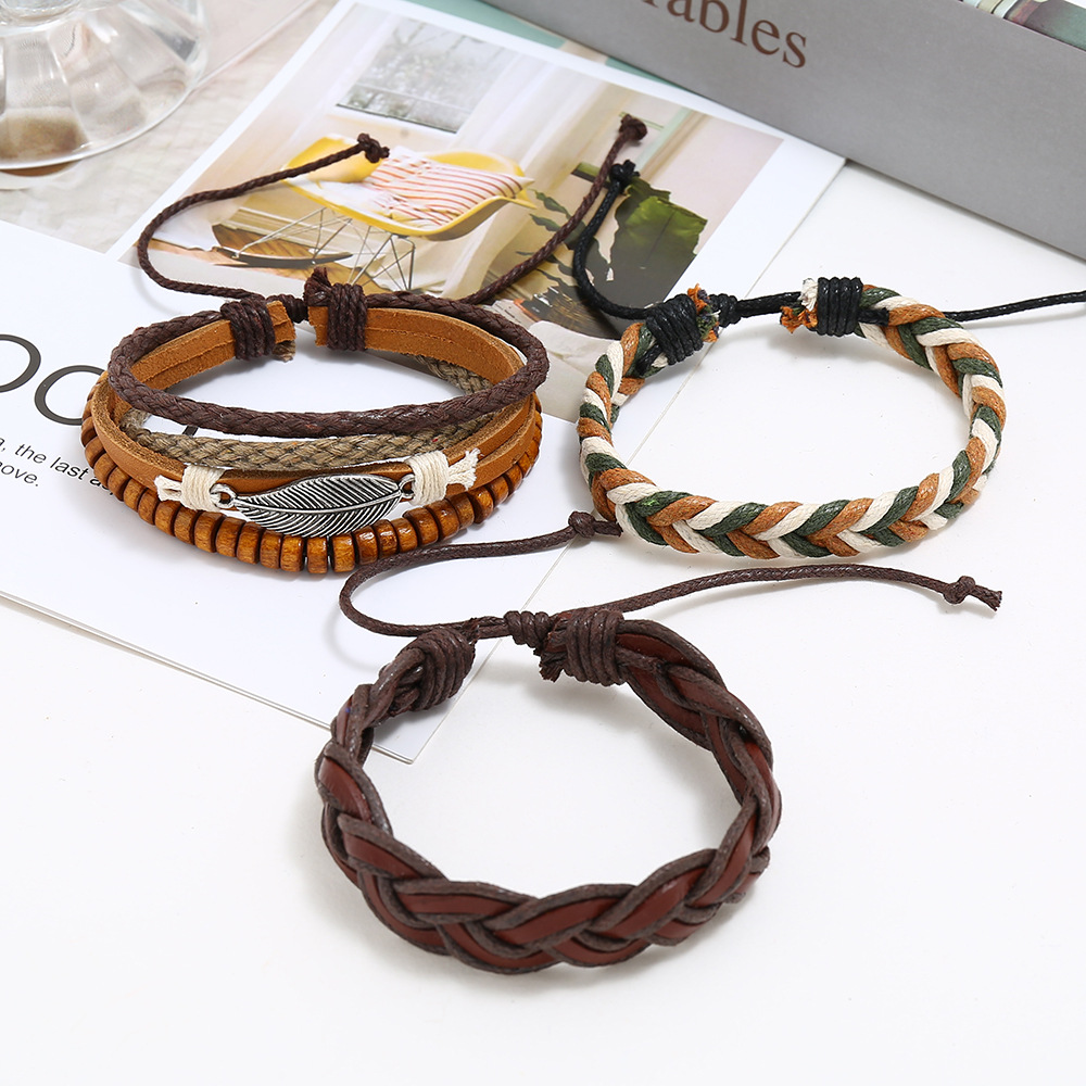 New Retro Woven Leather Bracelet Simple Diy Multiple Combination Three-piece Leather Bracelet display picture 3