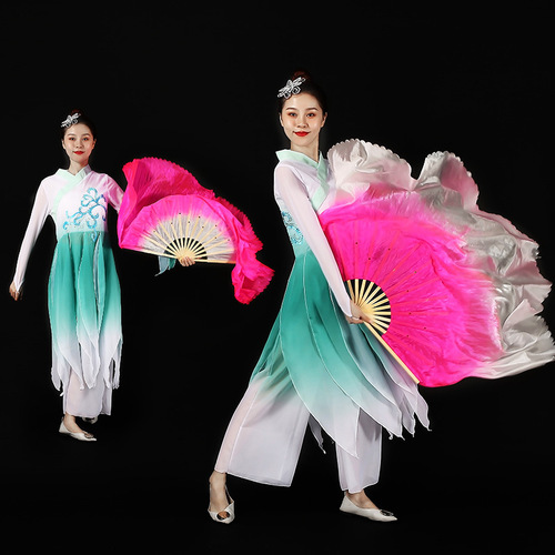  1 pair Chinese traditional Yangko hanfu fairy dance fan for women adult lengthened double-sided gradient color belly dance veil performance fan for lady