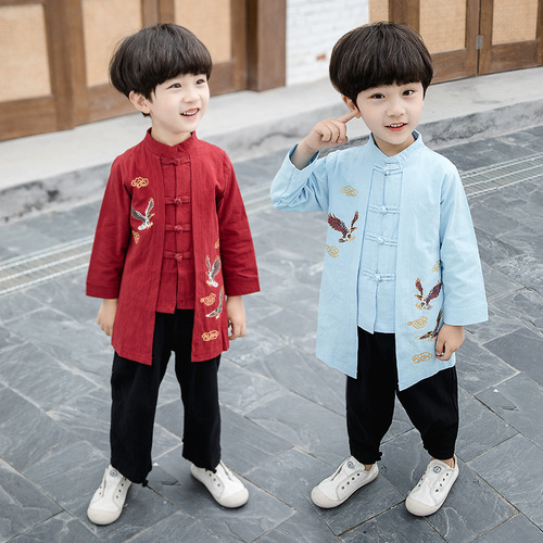 Boy chineses Hanfu suit kids chinese ancient folk ethnic style tang suit cotton and linen chinese kung fu wu shu stage performance clothes for boy 