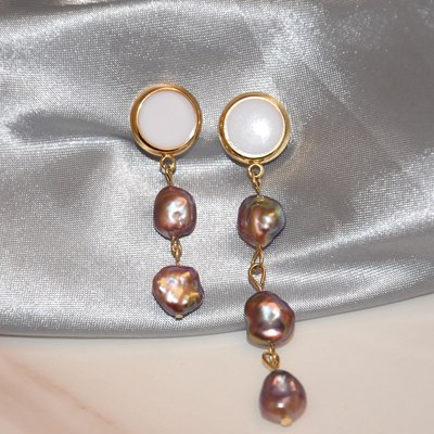 Cerun珠宝天然淡水巴洛克妖紫创意手作不对称keshi珍珠耳坠|ms