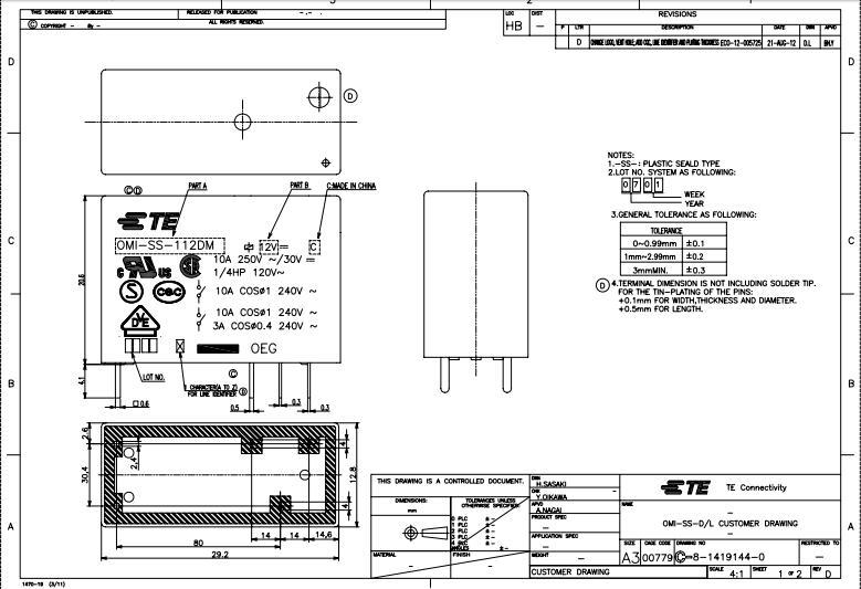 现货TE/OMI-SS-124L,000/6-1419122-0 继电器RELAY GEN 原装正品