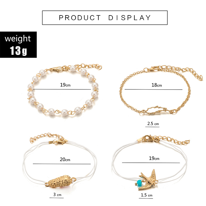 Fashion Alloy Bird Peanuts Anklet Pearl Leaves Hollow Anklet 5 Piece Set display picture 12