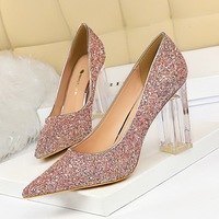 9217-1 European and American fashion transparent crystal heel thick heel high heel shallow pointed sexy nightclub shining Sequin single shoes