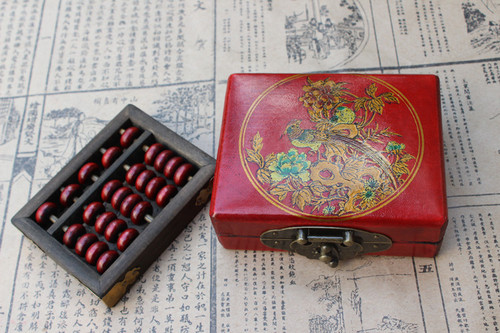 Antique 5-level beech wood abacus with flower and bird pattern wooden box, retro abacus, gift for foreigners, Chinese style gift