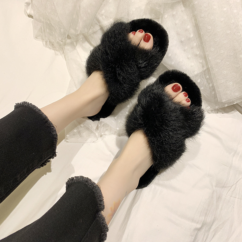 Elegant Cross Fur Slippers
