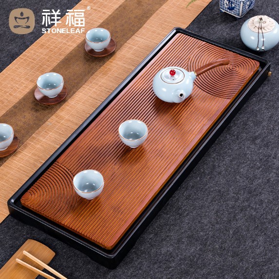 祥福莲池 竹茶盘 家用竹制 长方形排水 托盘 简约 功夫茶具|ms