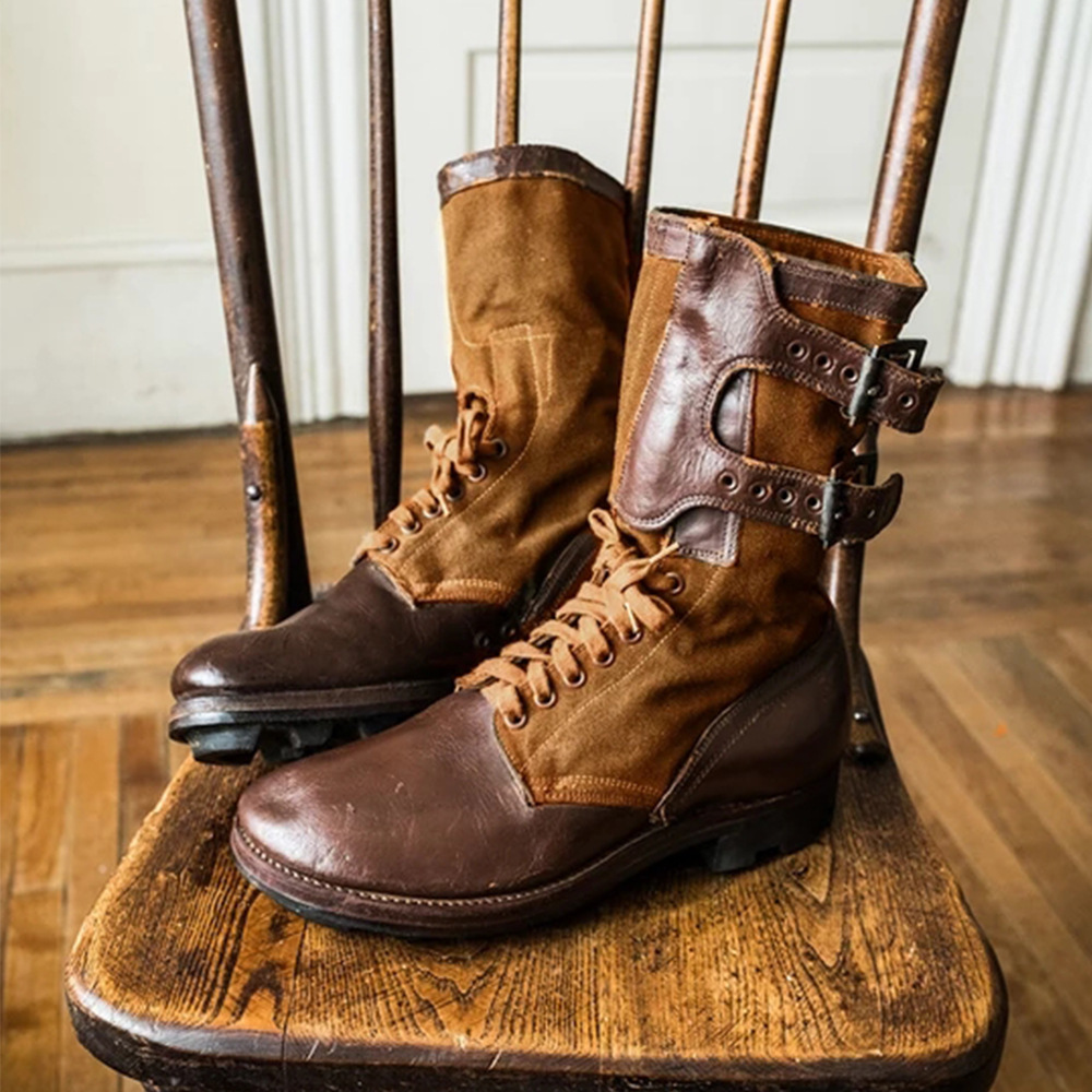 新款外貿圓頭時尚拼色皮帶扣系帶粗跟休閒男士短靴超大碼44-48