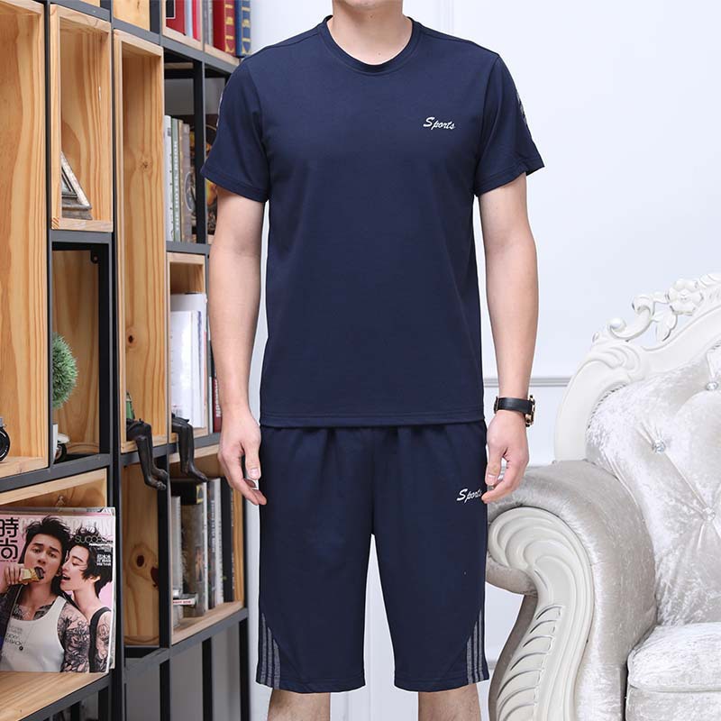 2019新款夏季男士中老年休闲运动套装男短裤薄款圆领中年爸爸装男