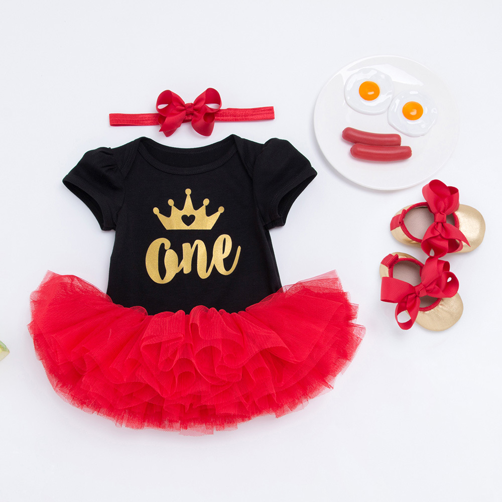 2020夏季新款宝宝黑色短袖哈衣爬服红色tutu裙四件套一件代发