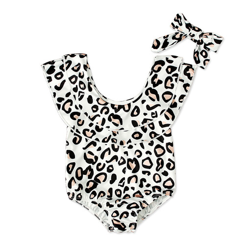 Children's European and American style summer girls' trendy white-based leopard print swimsuit + headscarf two-piece children's clothing set, Instagram style