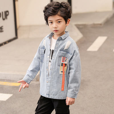 Children's clothing On behalf of Boy Korean Edition leisure time shirt CUHK Lapel letter cowboy shirt Boy jacket shirt