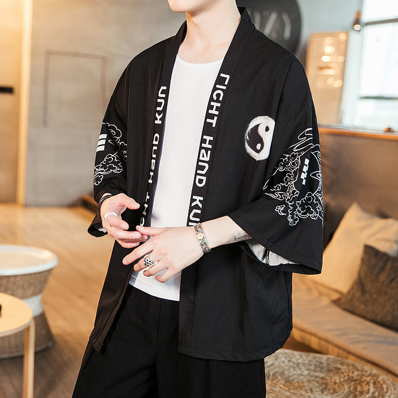 2019 verano nuevo estilo chino gabardina de los hombres retro juventud kimono cardigan tendencia capa de los hombres al por mayor