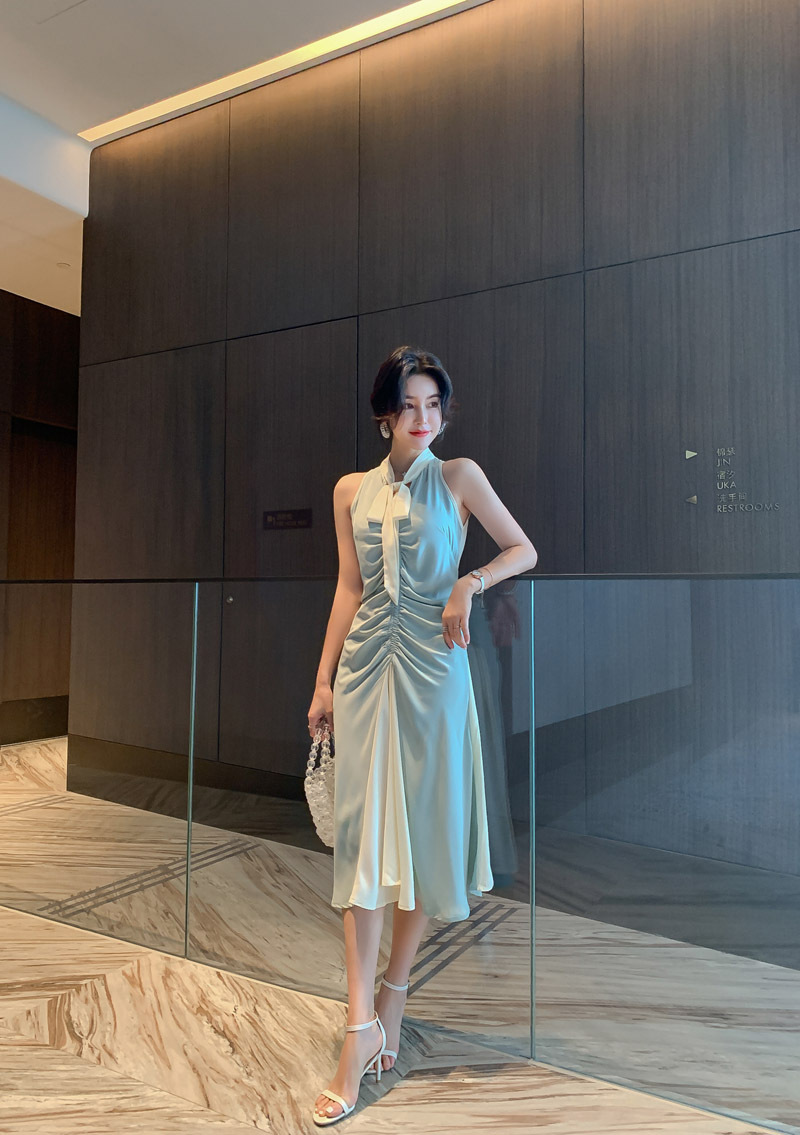 Đầm maxi nữ thắt eo cổ buộc dây xếp ly thanh lịch — Màu xanh lam chi tiết 2