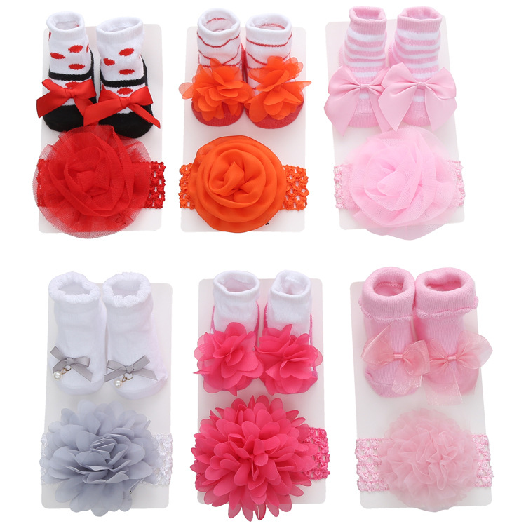 New Stripe solid color lace European and American baby socks bow Princess lovely baby socks hair band set
