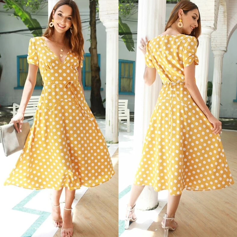 polka dot deep v mid-length high-waist lace-up short-sleeved dress  NSSA40045