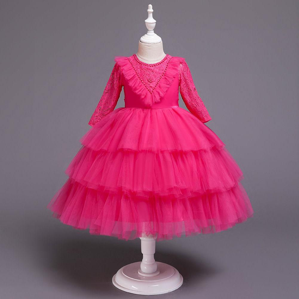 跨境女宝宝红色洗礼服婴幼儿周岁蕾丝礼服裙百日宴红色蛋糕公主裙