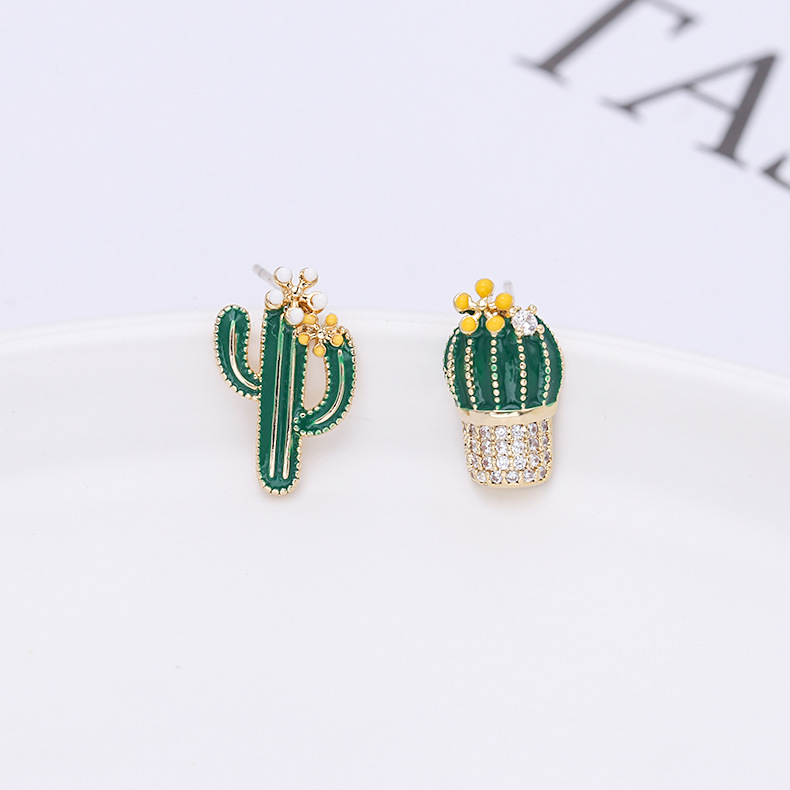New Asymmetric Sterling Silver Needle Micro Inlaid Zircon Temperament Earrings Cactus Earrings Painted Earrings display picture 11