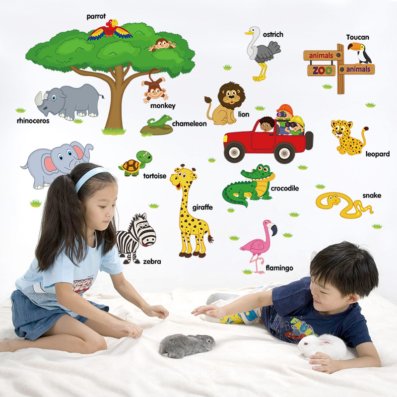 New Cartoon English Animal Wall Stickers Children's Room Kindergarten Early Education Wall Self-adhesive Decorative Painting Removable Sticker