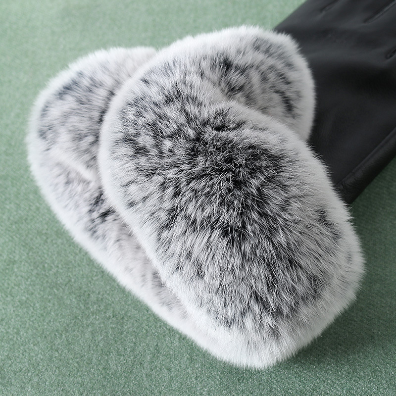 真皮手套女冬季加厚可爱獭兔毛加绒羊皮手套保暖触摸屏骑开车手套