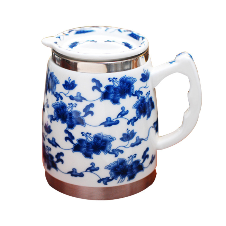 创意新款景德镇青花瓷马克杯 304不锈钢陶瓷保温杯定制商务礼品