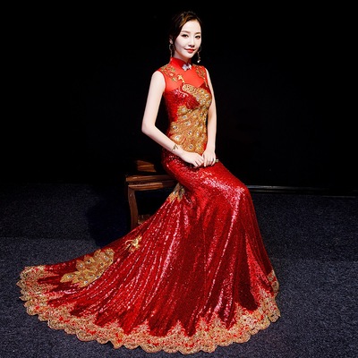 Chinese Dress Qipao for women Mermaid tailed evening dress sequined performance dress high end tailed catwalk cheongsam