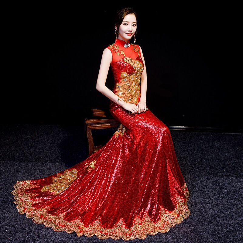 Chinese Dress Qipao for women Mermaid tailed evening dress sequined  performance dress high end tailed catwalk