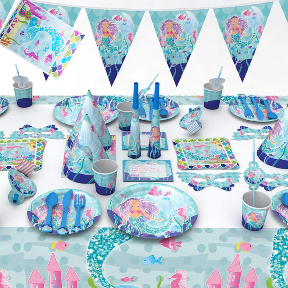 亚马逊美人鱼派对装饰套装 儿童生日用品纸杯纸盘美人鱼拉旗|ms
