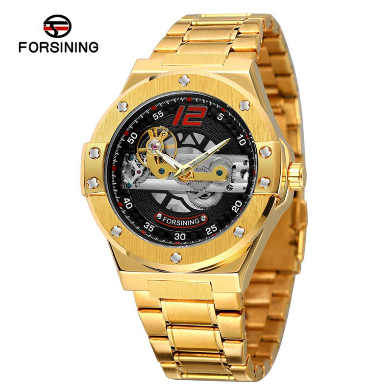 Forsining Fusini correa de acero de los hombres casual reloj mecánico automático transparente inferior hueco motocicleta reloj 897