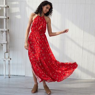 bohemian off-shoulder ruffle print long dress  NSSE53380