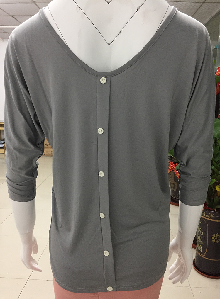 Fashion Solid Color Polyester V Neck 3/4 Length Sleeve Batwing Sleeve Button T-shirt display picture 13