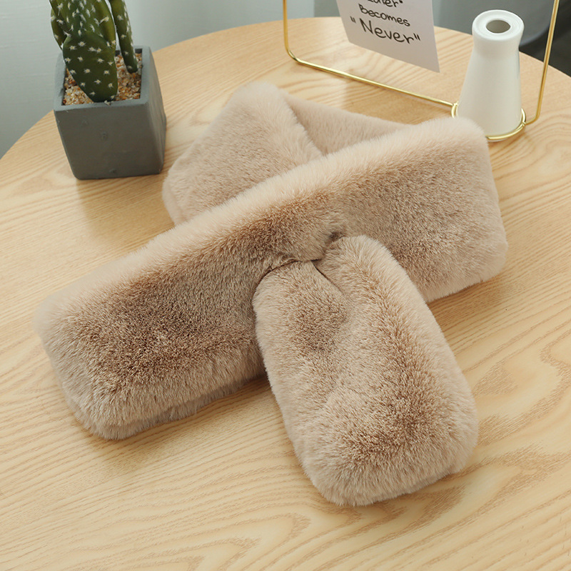 韓版獺兔毛圍脖百搭毛毛絨圍巾女冬季純色加厚交叉毛絨仿兔毛圍巾