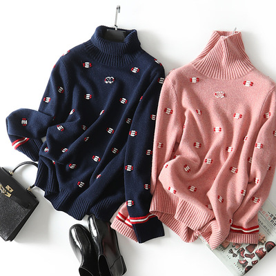 纯山羊绒~415克重2019新款基础高领刺绣针织羊绒毛衣H21AS190629