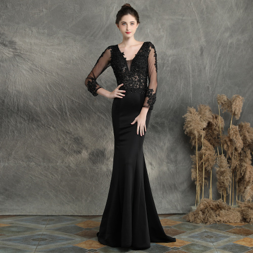 chinese dress ladies Madeleine | Black Fishtail Maxi Dress with Bardot Mesh Long Sleeves main image 0