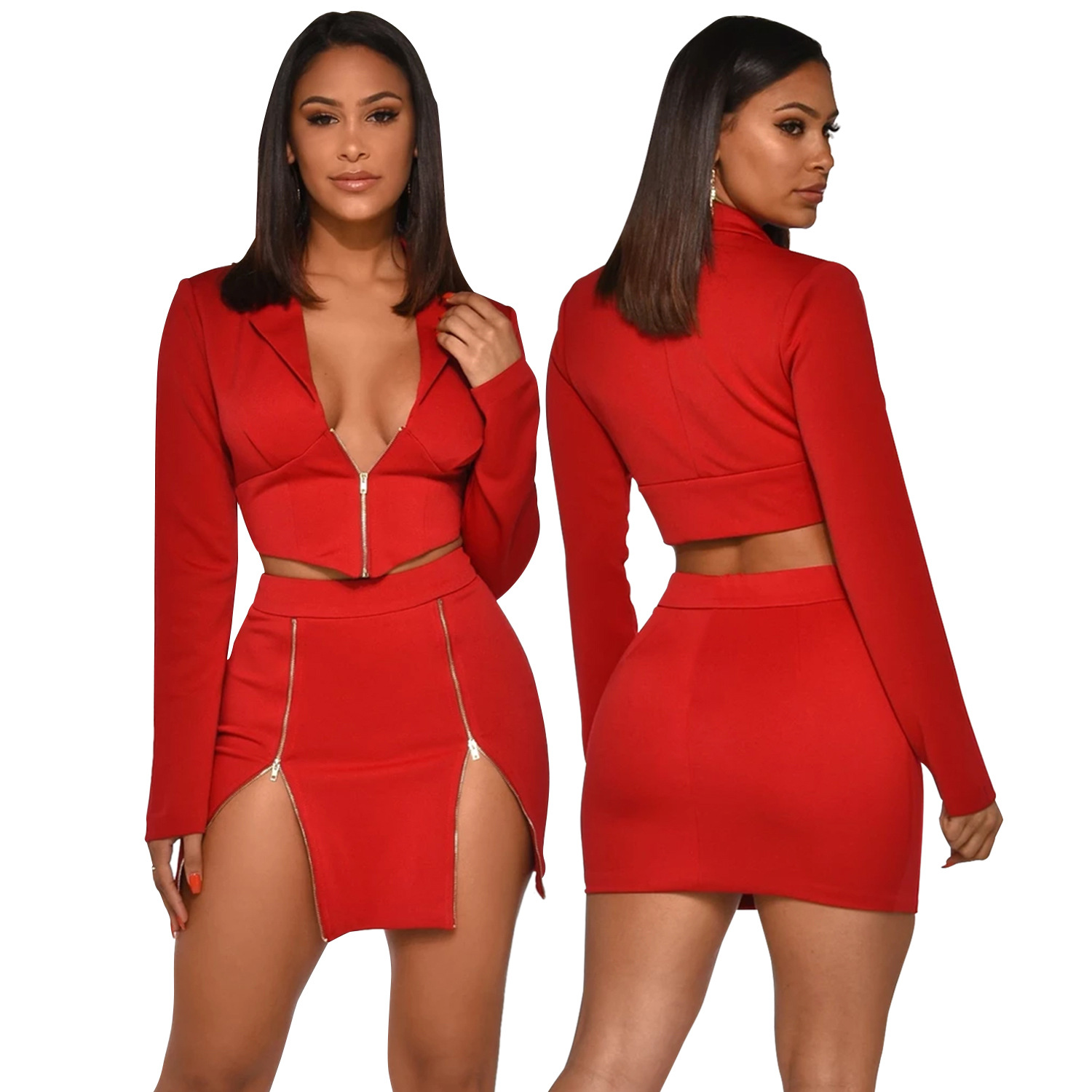 zipper solid color v neck suit collar long sleeve slim top and skirt set NSFYZ118532