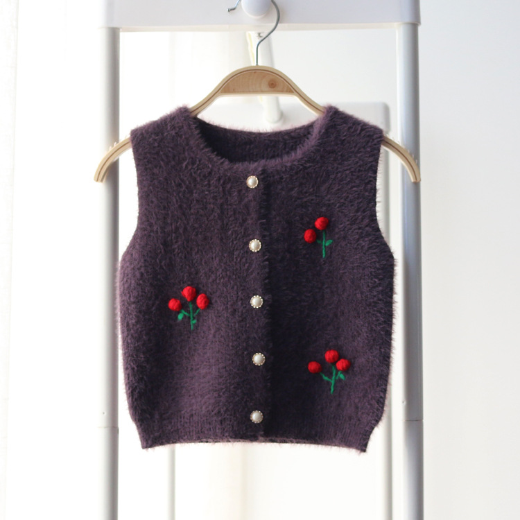 樱桃手工花开衫马甲