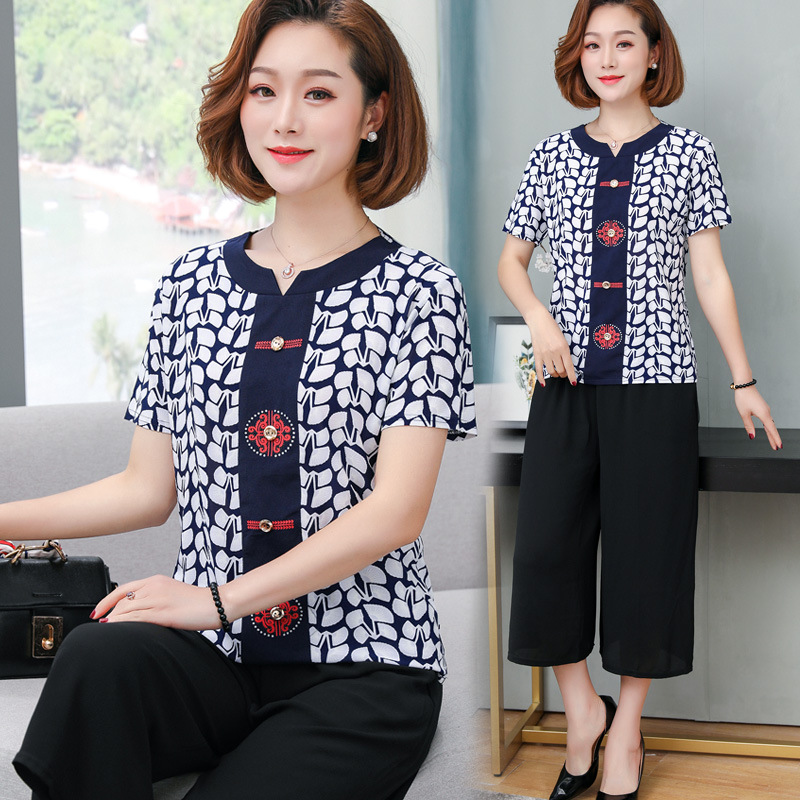 妈妈夏装套装中国风复古两件套阔太太中老年女装上衣洋气2019新款