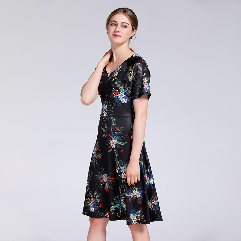 现货印花连衣裙夏秋2020新款女装短袖短款修身显瘦印花连衣裙|ms