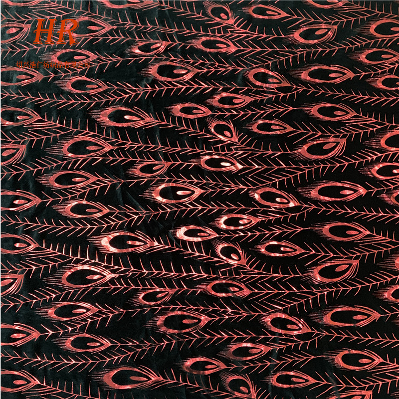 丝绒烫金面料 A0253 红色孔雀旗袍用料 可 小量批发